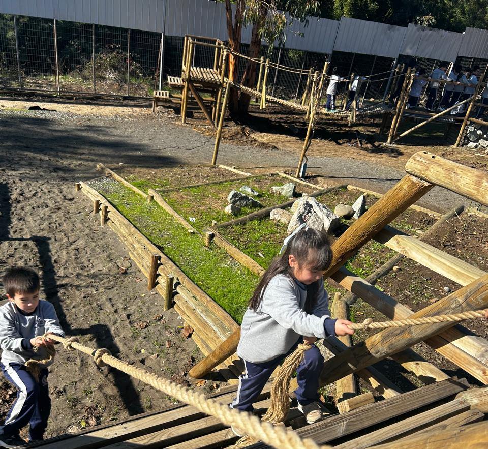Estudiantes en el circuito al aire libre, tirando de una cuerda entre estructuras de madera
